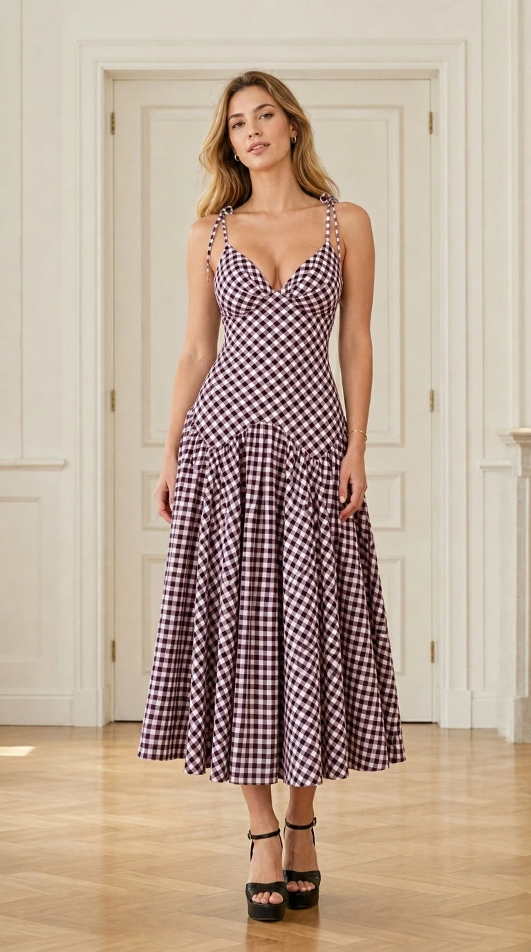 Front view of model wearing purple and white gingham midi dress