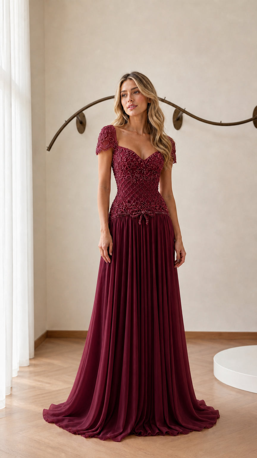 Front view of model wearing burgundy evening gown