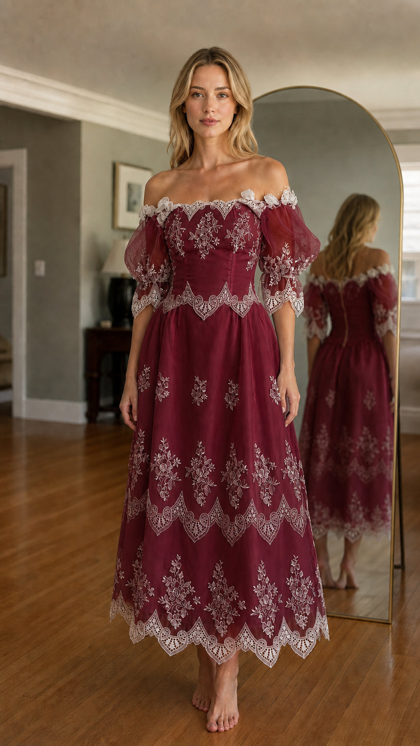 Woman wearing burgundy off-shoulder embroidered midi dress