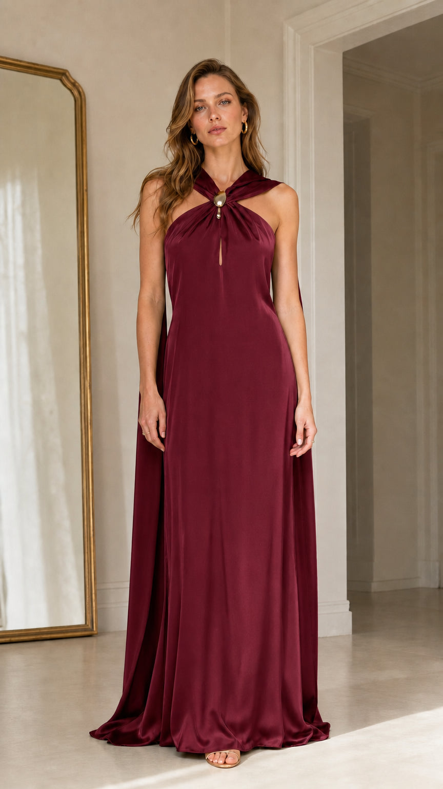 Front view of burgundy satin halter maxi dress