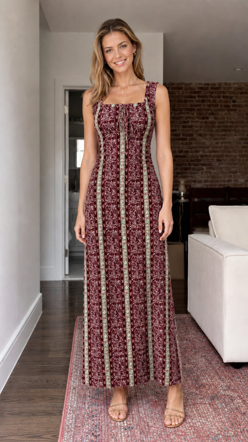 Front view of model wearing burgundy printed smocked maxi dress