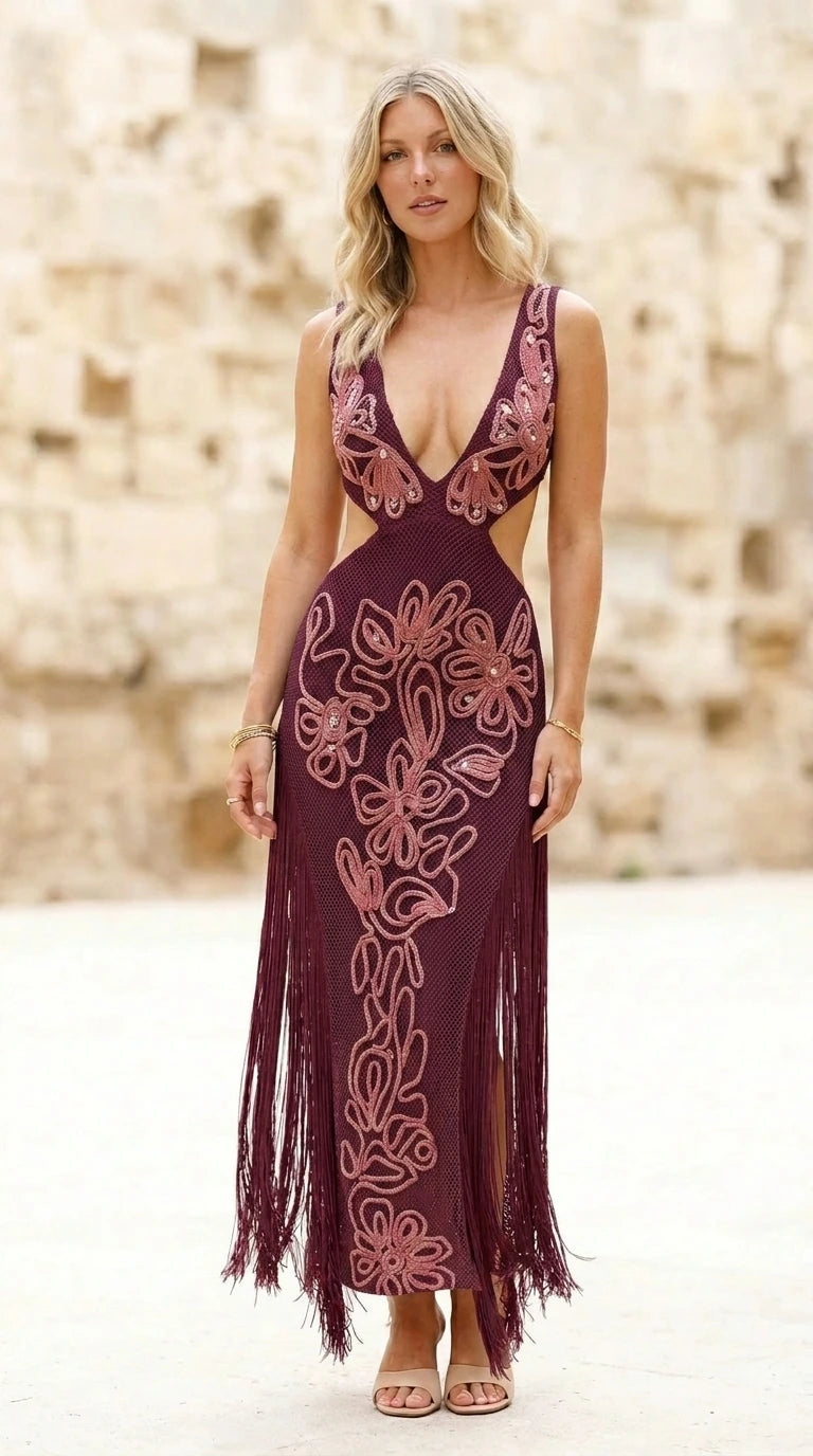 Front view of burgundy color variant with fringe hem