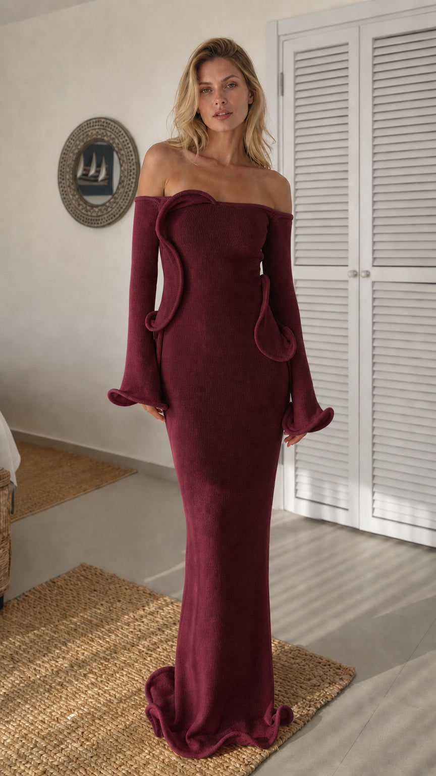 Front view of burgundy off-shoulder ruffle knit maxi dress