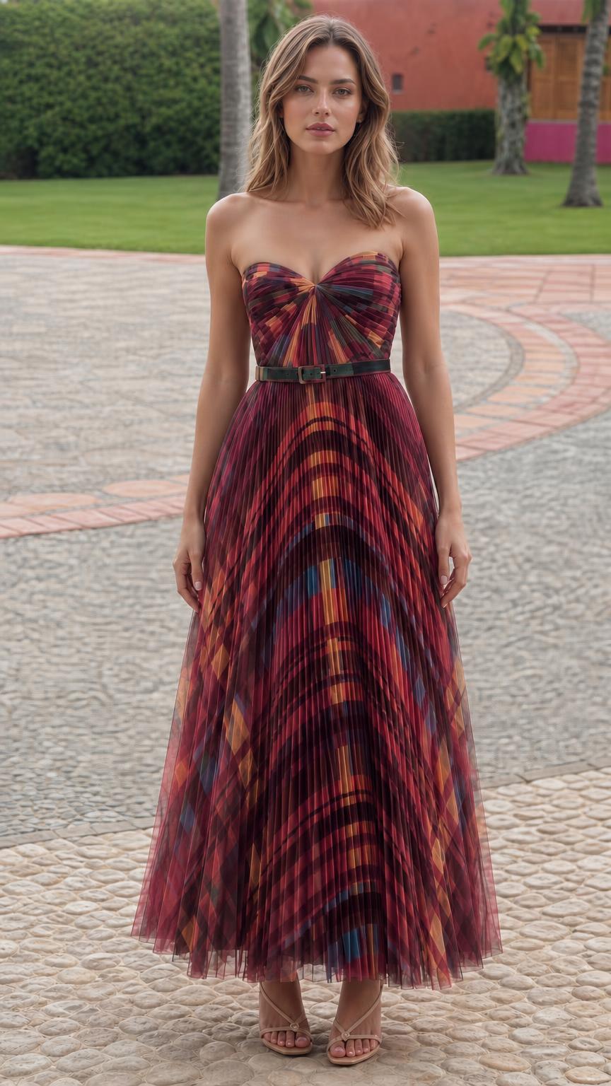 Model wearing burgundy patterned pleated strapless maxi dress