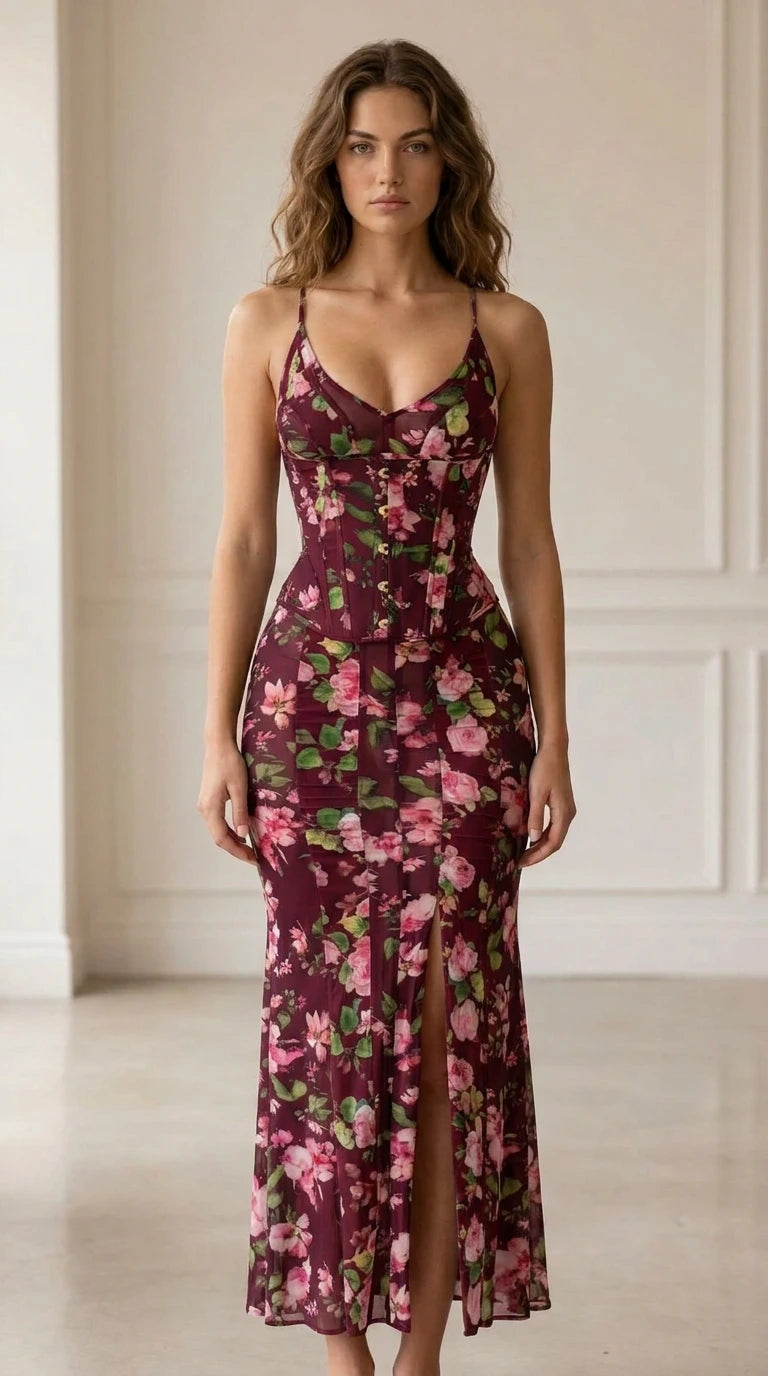 Front view of woman wearing Burgundy floral corset midi dress set