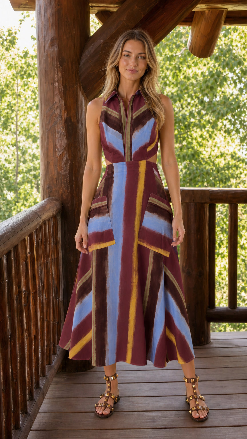 Front view of burgundy color variant of striped midi dress