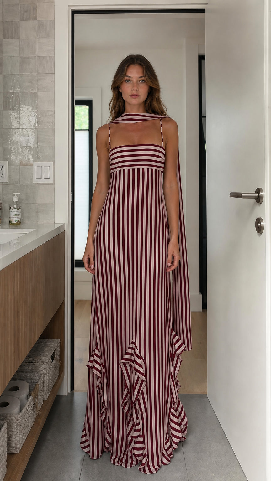 Model wearing burgundy striped maxi dress variant