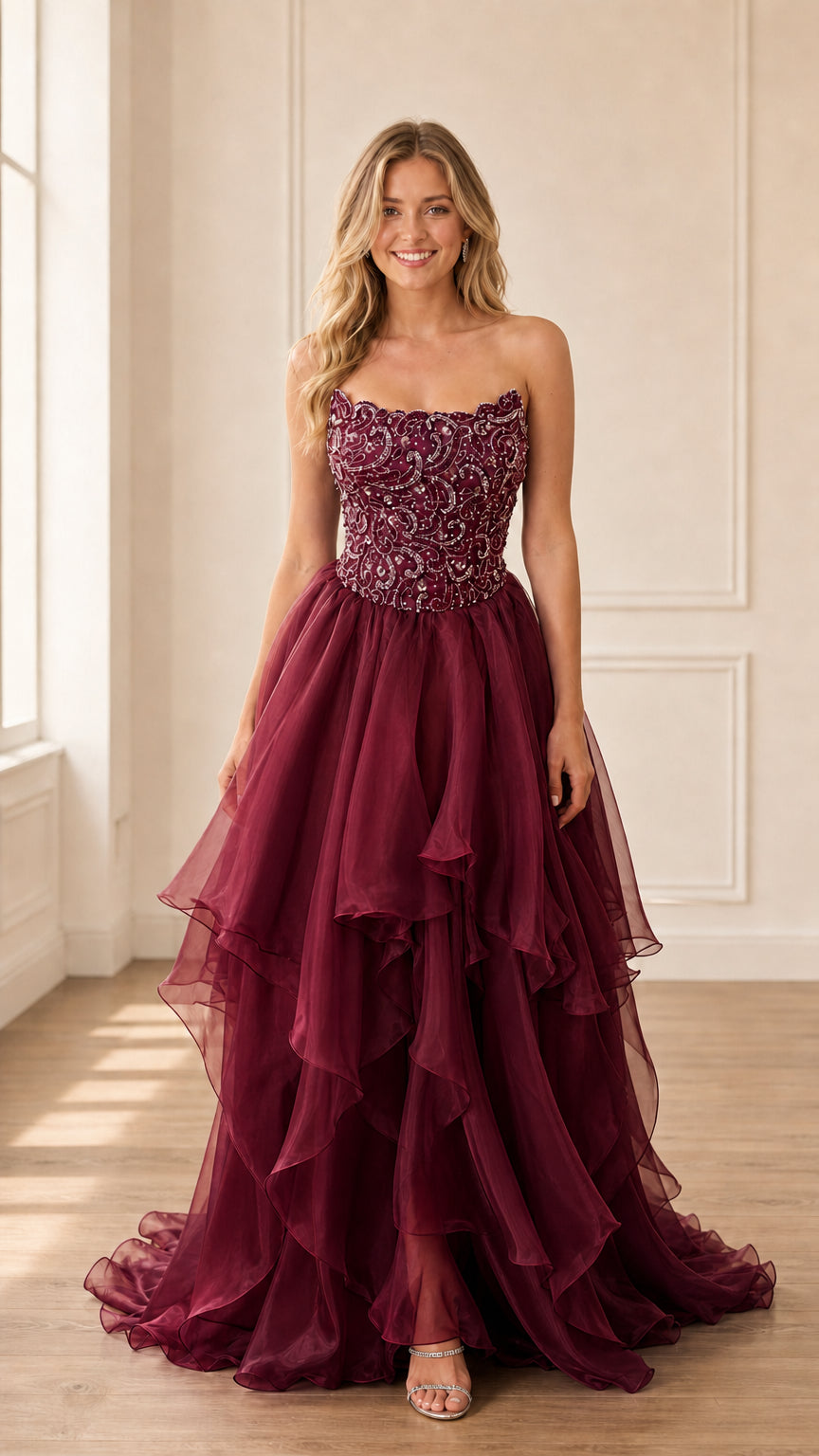 Model wearing burgundy strapless beaded tiered gown