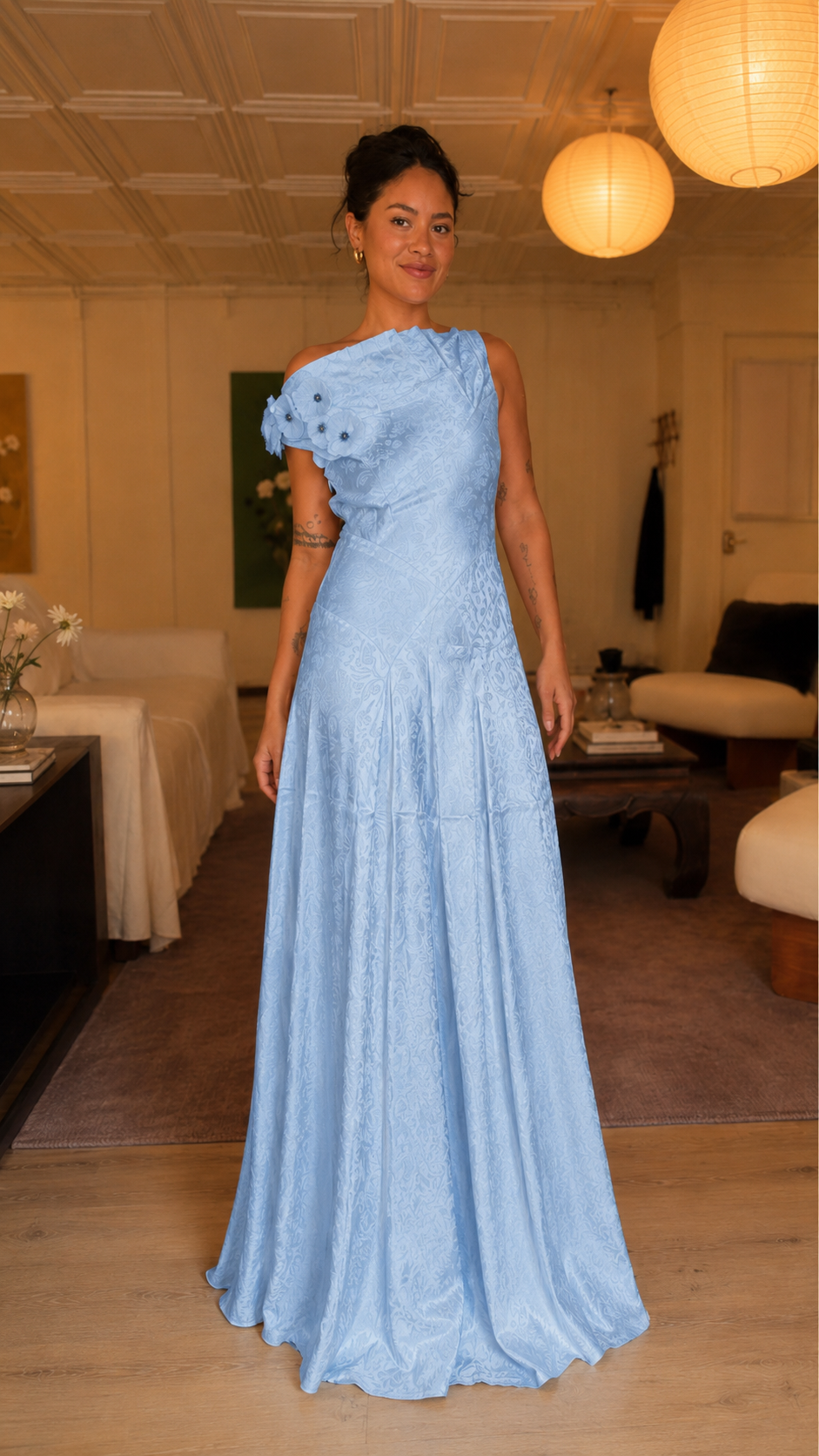 Front view of powder blue one-shoulder floor-length dress