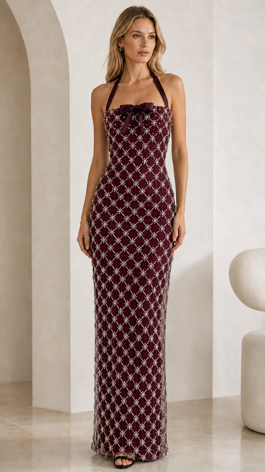 Burgundy rhinestone halter maxi dress
