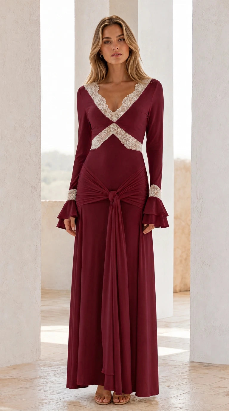 Front view of burgundy lace-trimmed long sleeve maxi dress