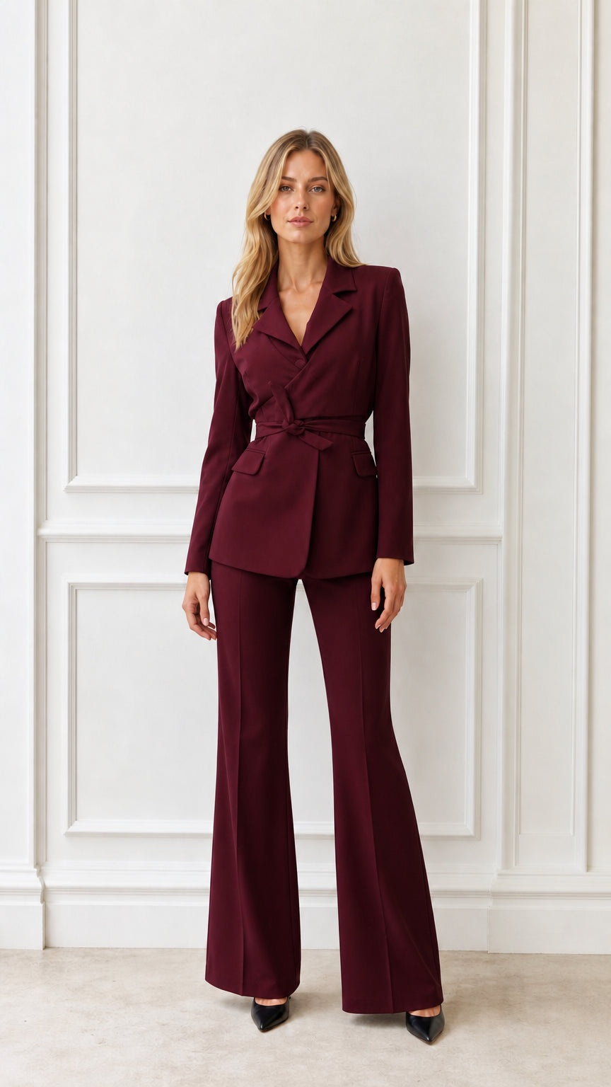 Full length view of woman in burgundy blazer and flared pants suit