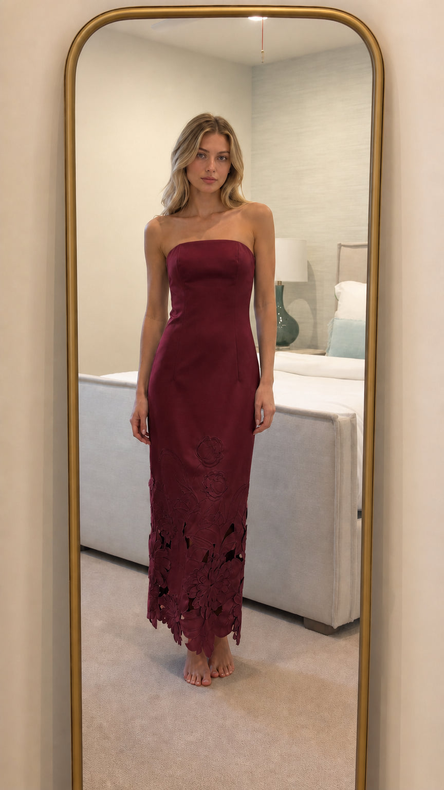 Burgundy strapless floral laser-cut maxi dress