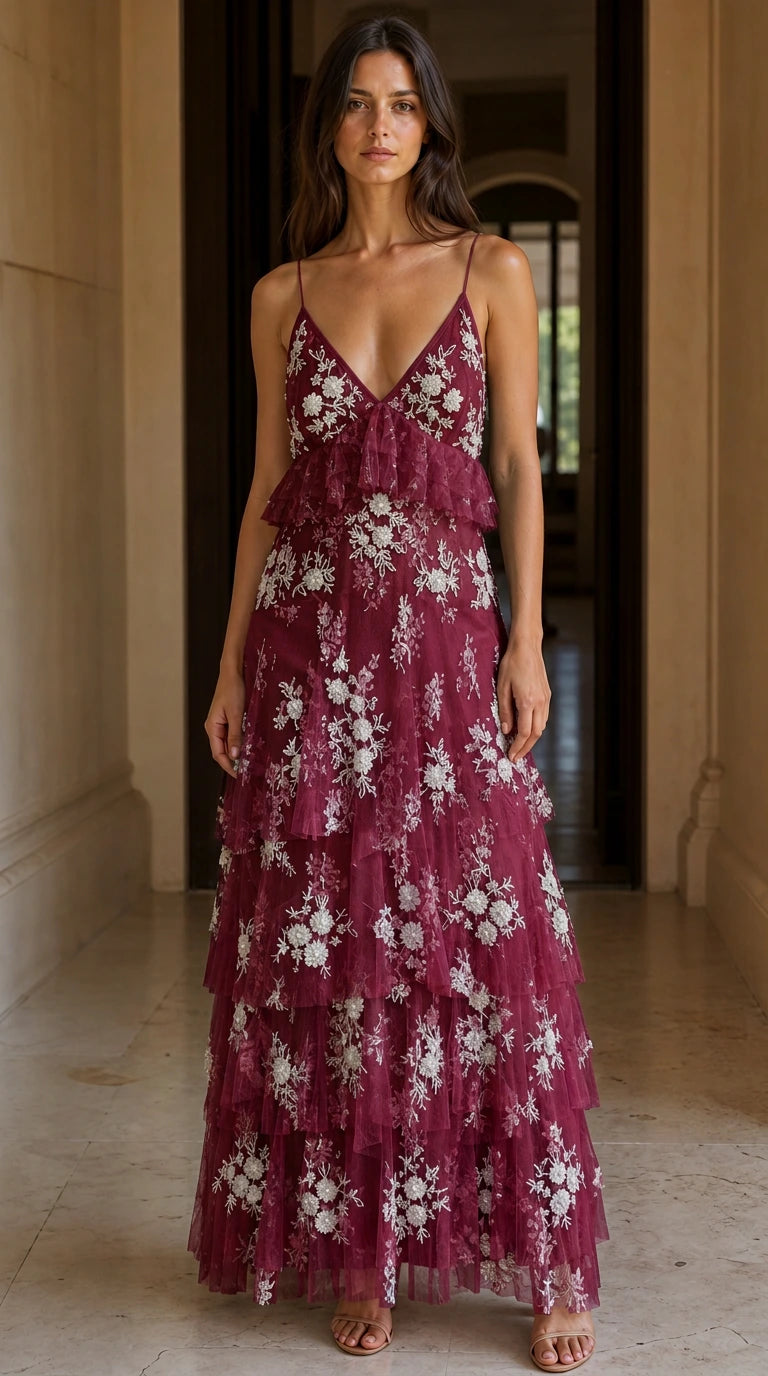 Front view of burgundy embroidered tulle tiered maxi dress