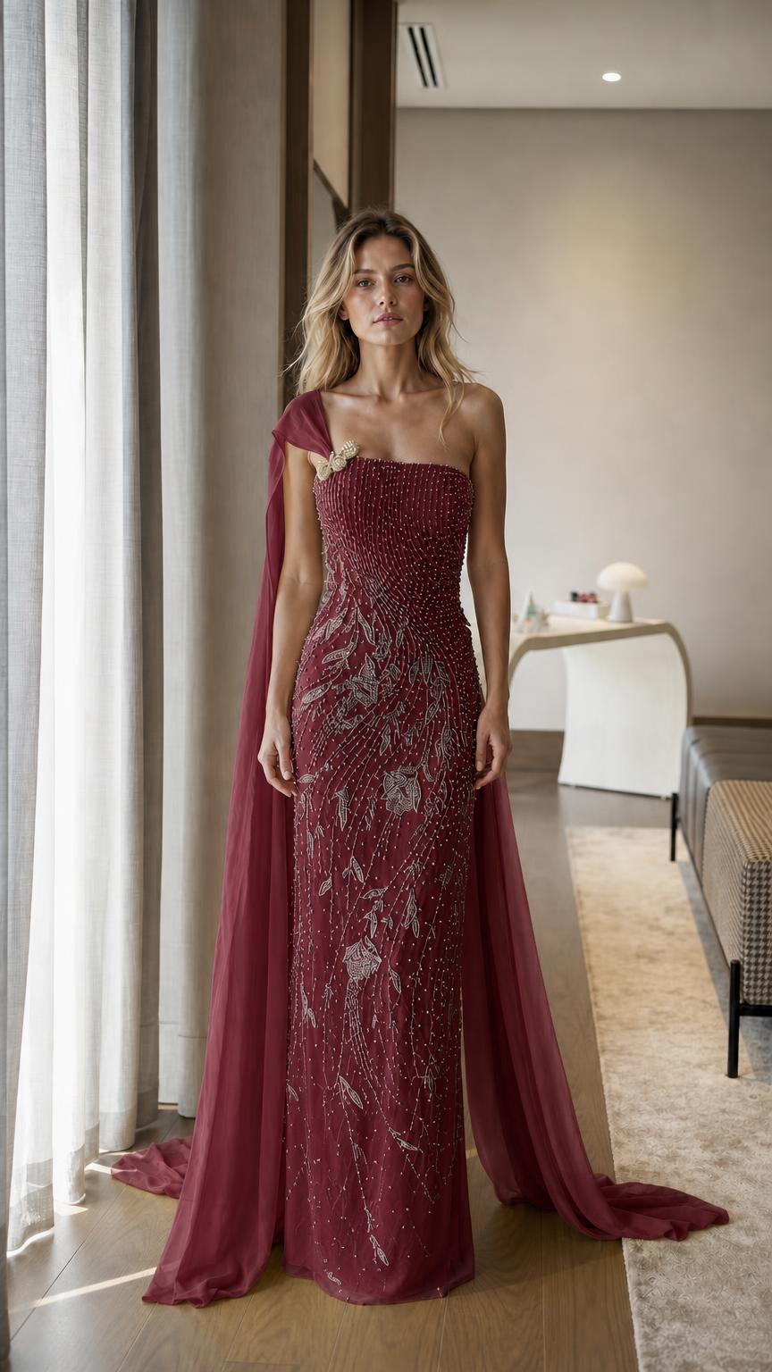 Front view of burgundy one-shoulder beaded evening gown