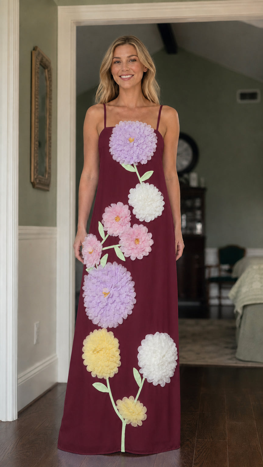 Front view of model wearing Burgundy 3D floral maxi dress