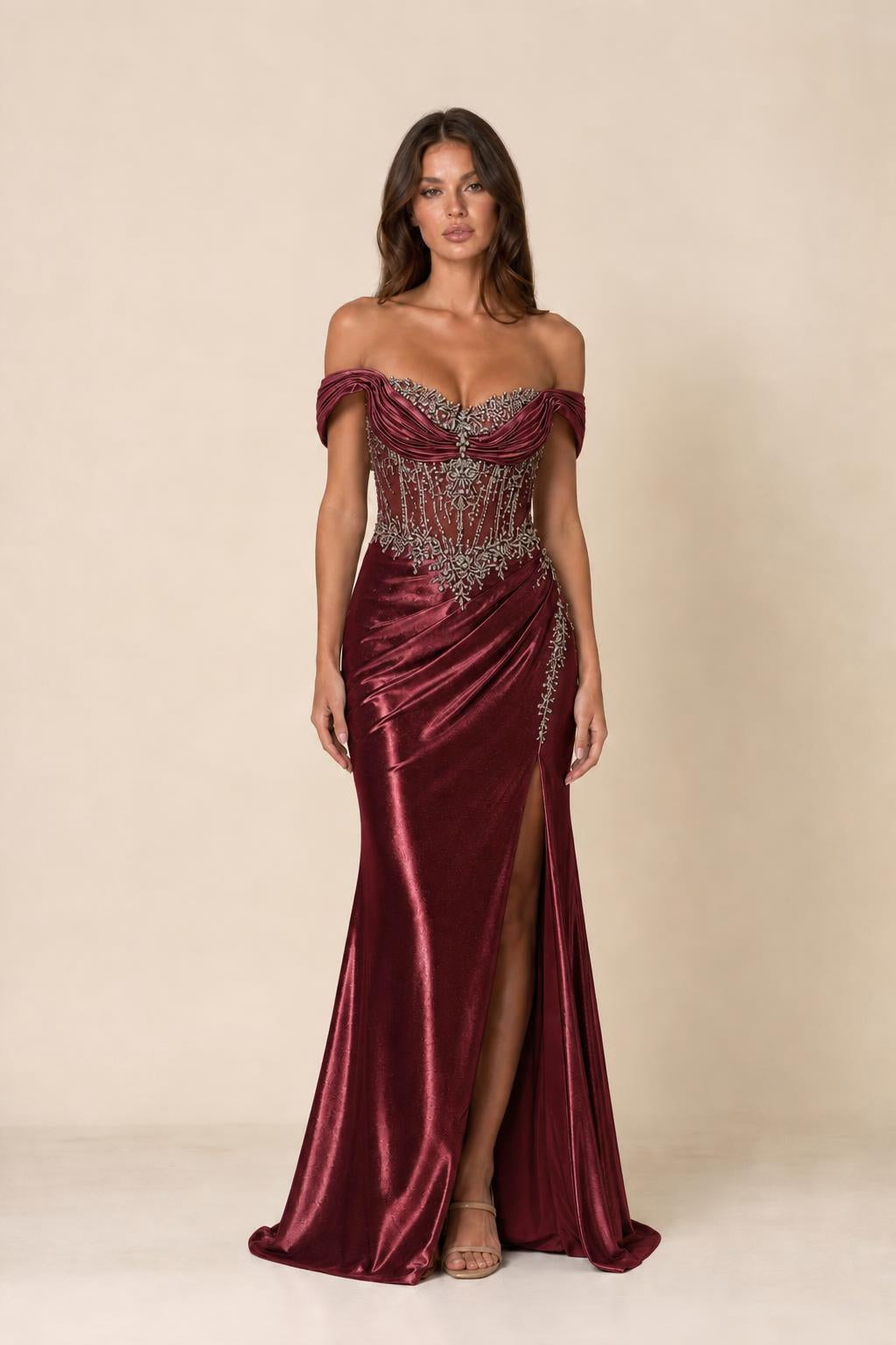 Front view of burgundy color variant of off-shoulder evening gown