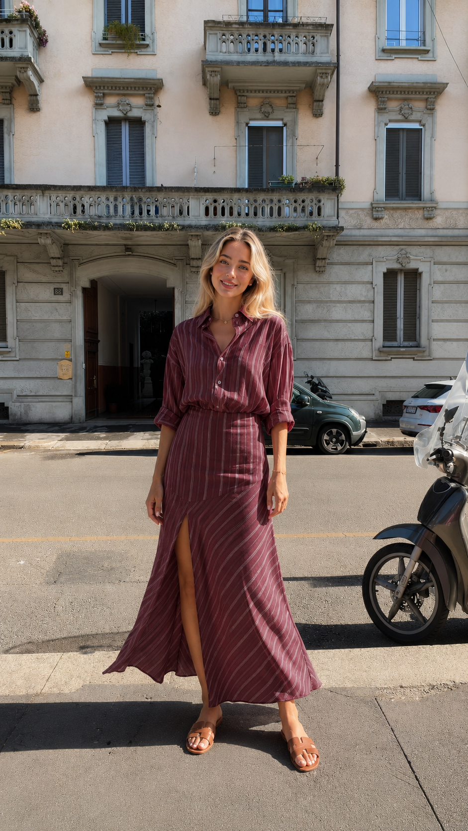 Front view of wine striped maxi shirt dress with flowing maxi length