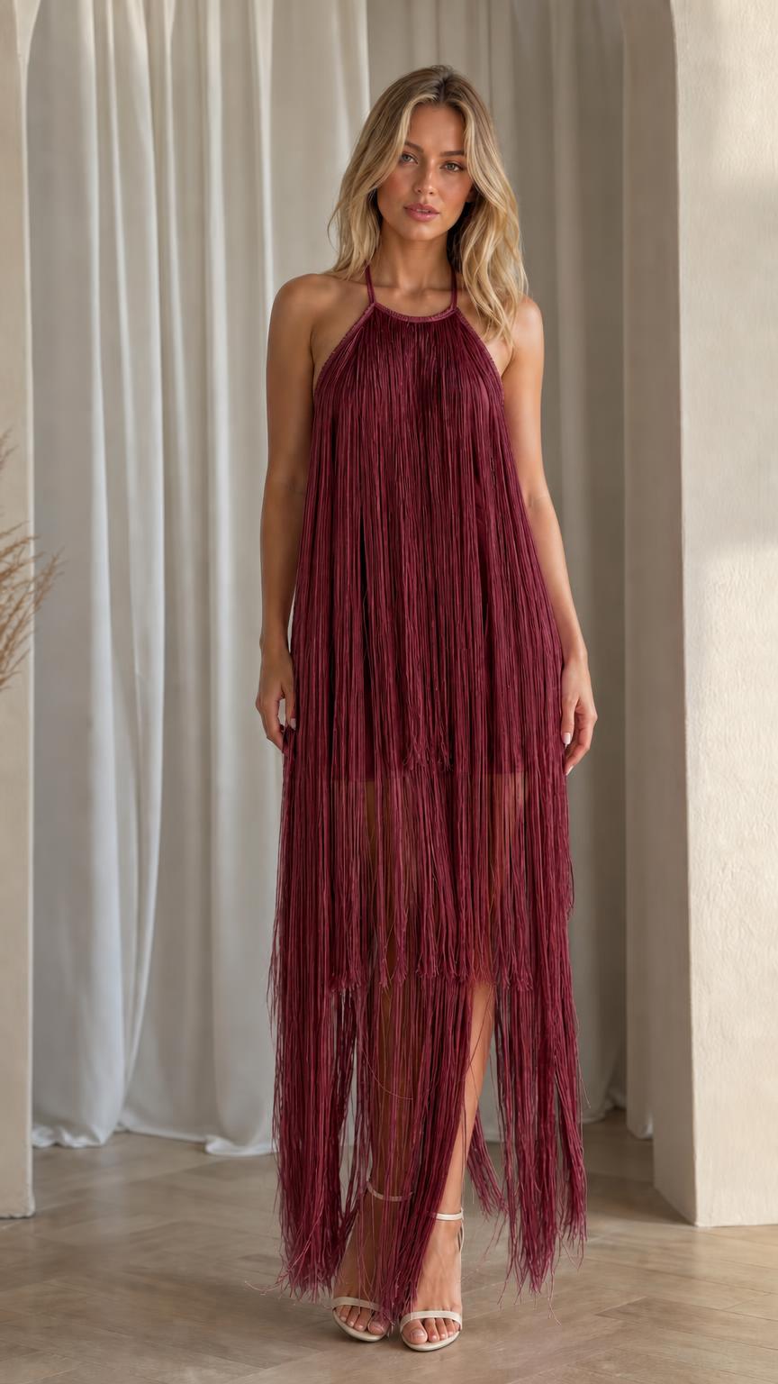 Front view of model wearing burgundy fringe maxi dress