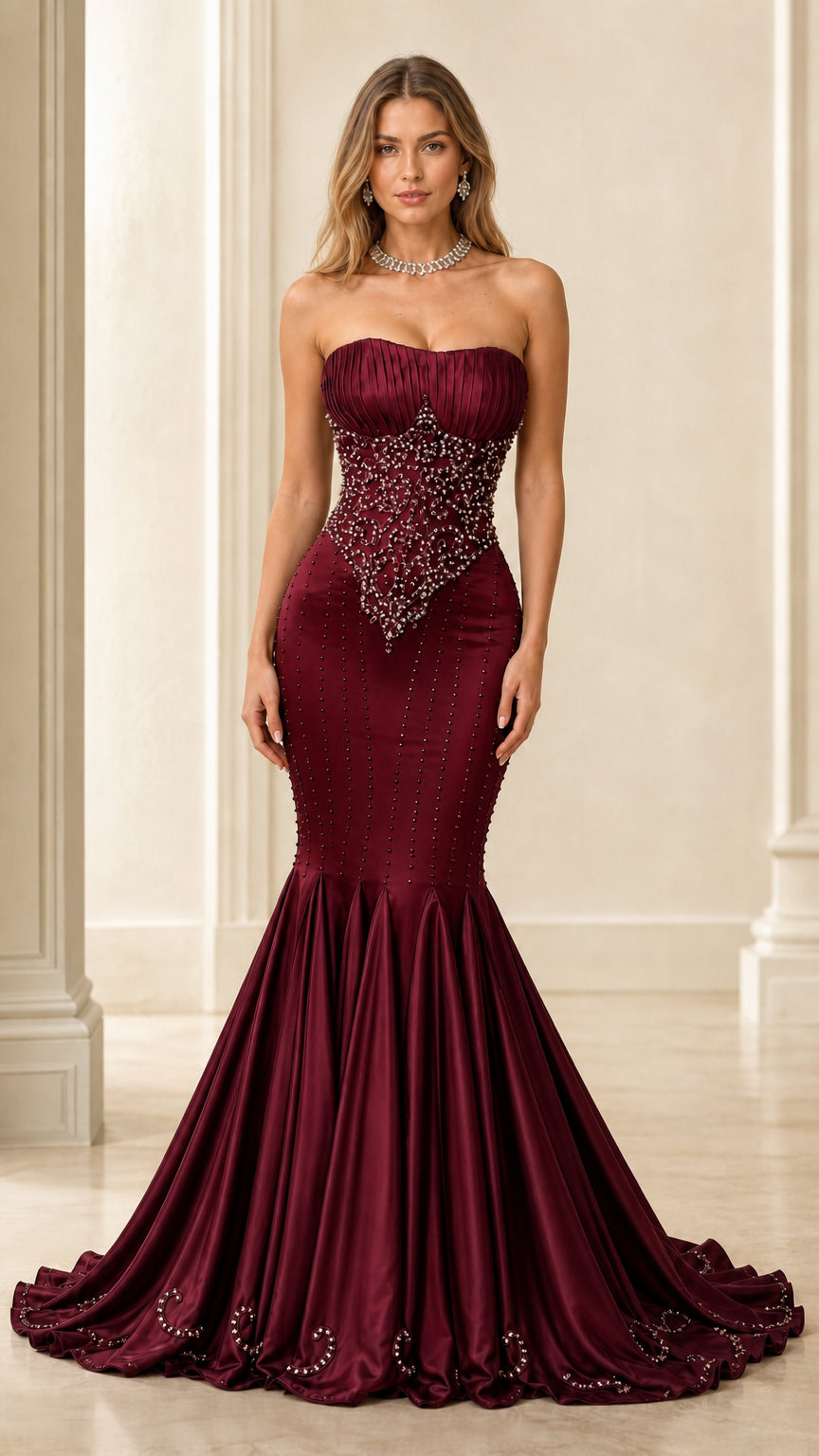 Front view of burgundy strapless beaded evening gown