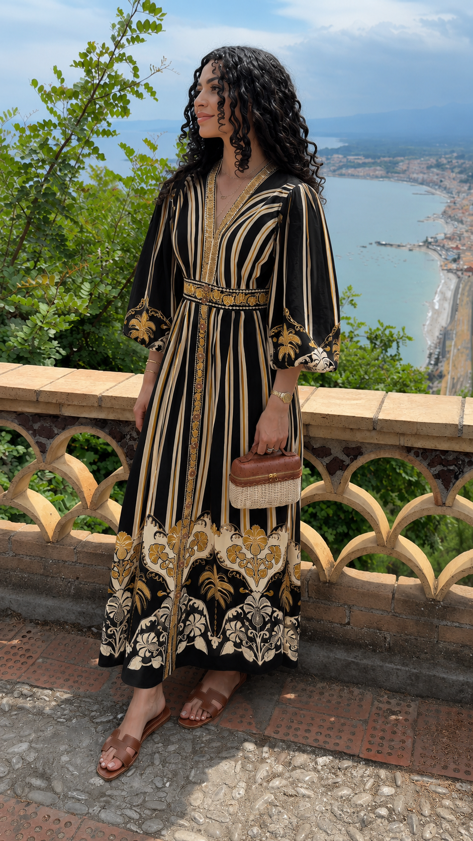 Front view of black bohemian print V-neck maxi dress with gold and ivory border details