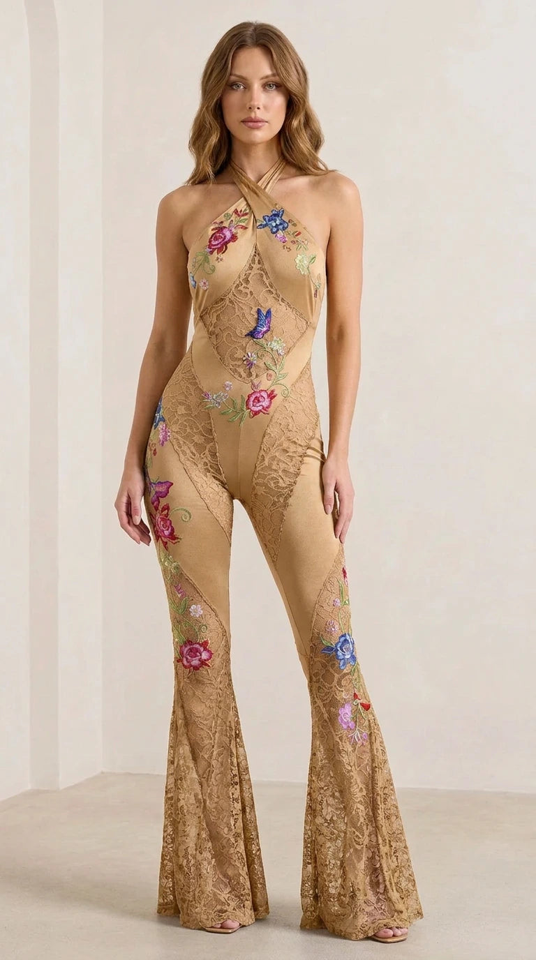 Gold color variant of the floral embroidered lace jumpsuit