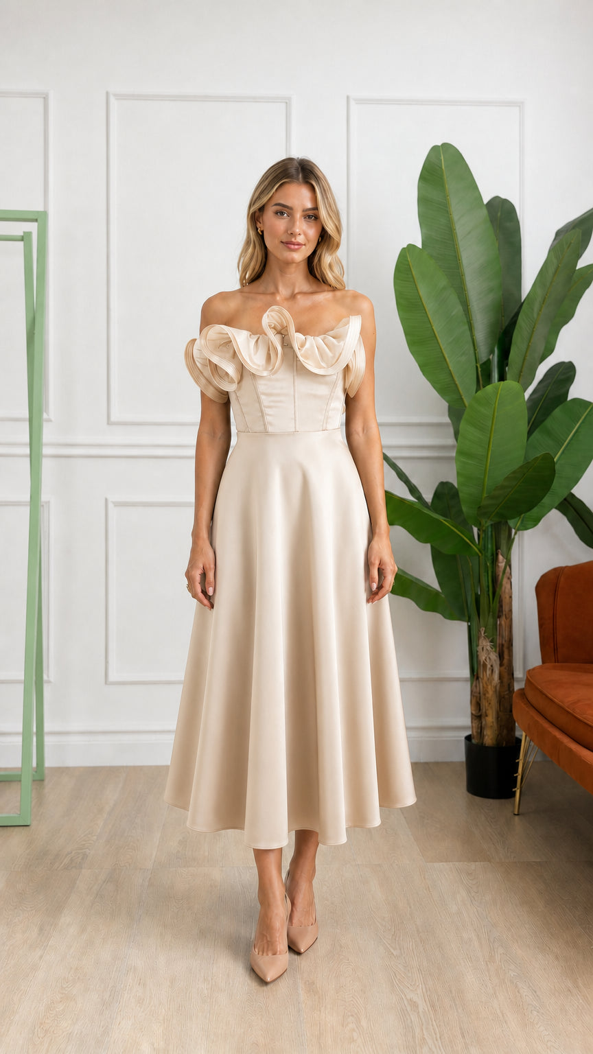 Front view of woman wearing champagne off-shoulder ruffle corset midi dress