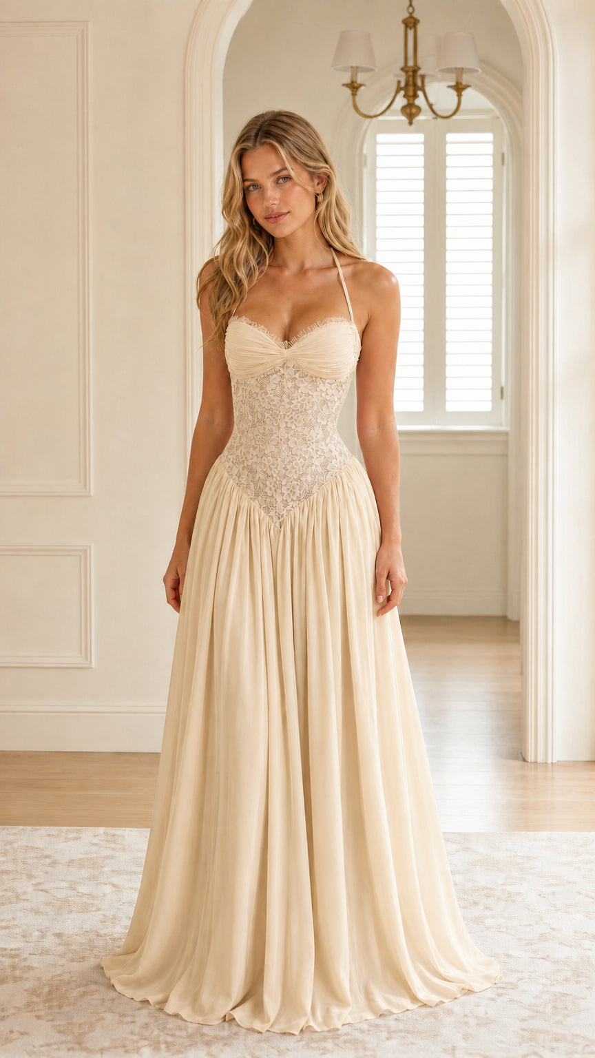 Front view of champagne color variant evening gown