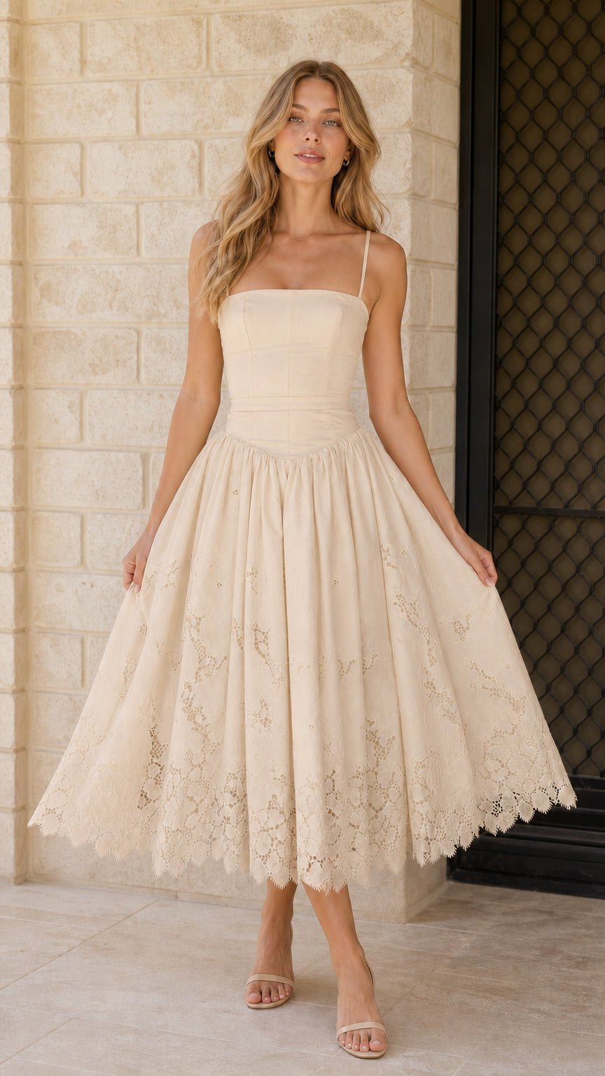 Front view of champagne midi dress