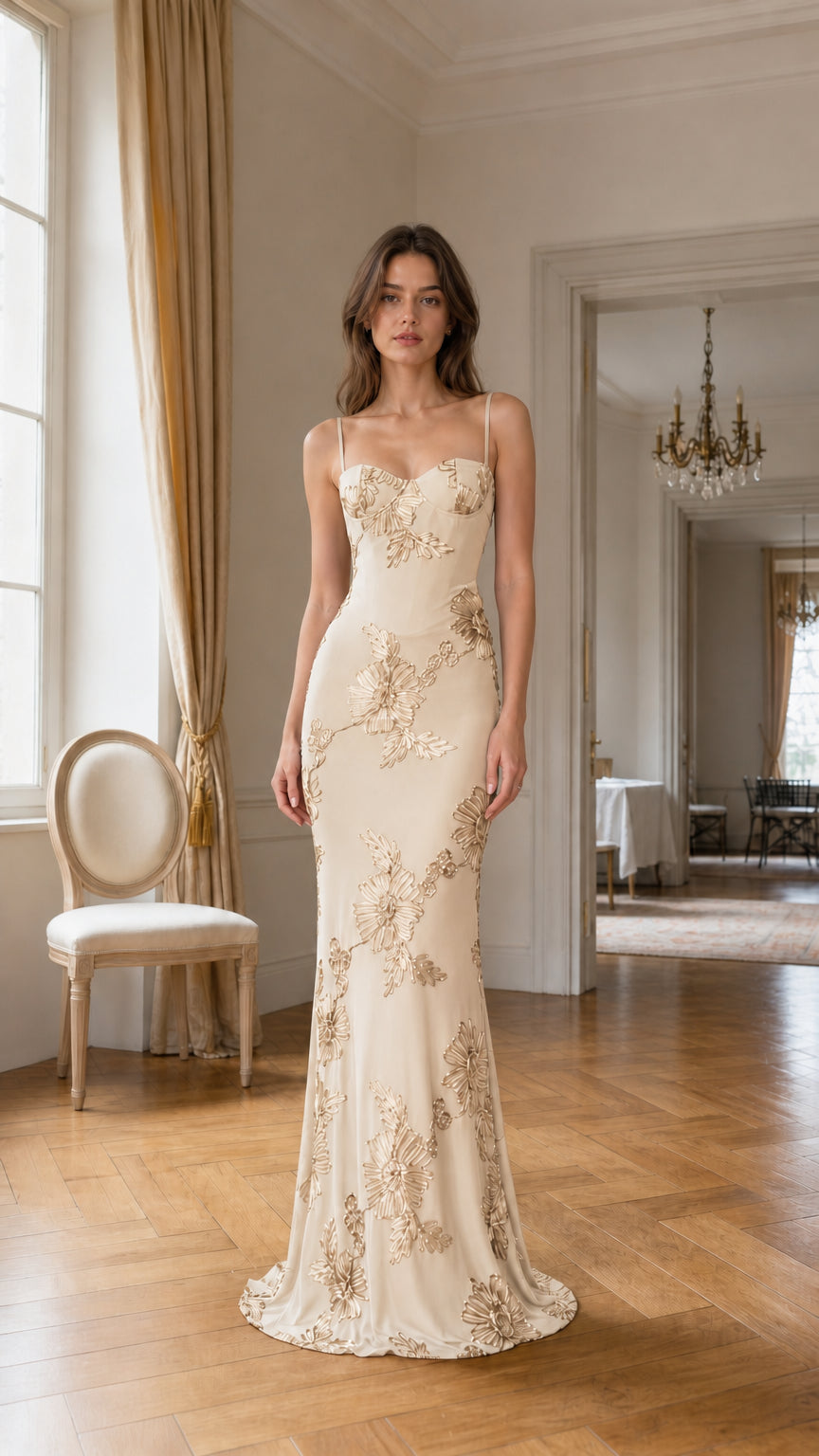 Front view of champagne evening gown