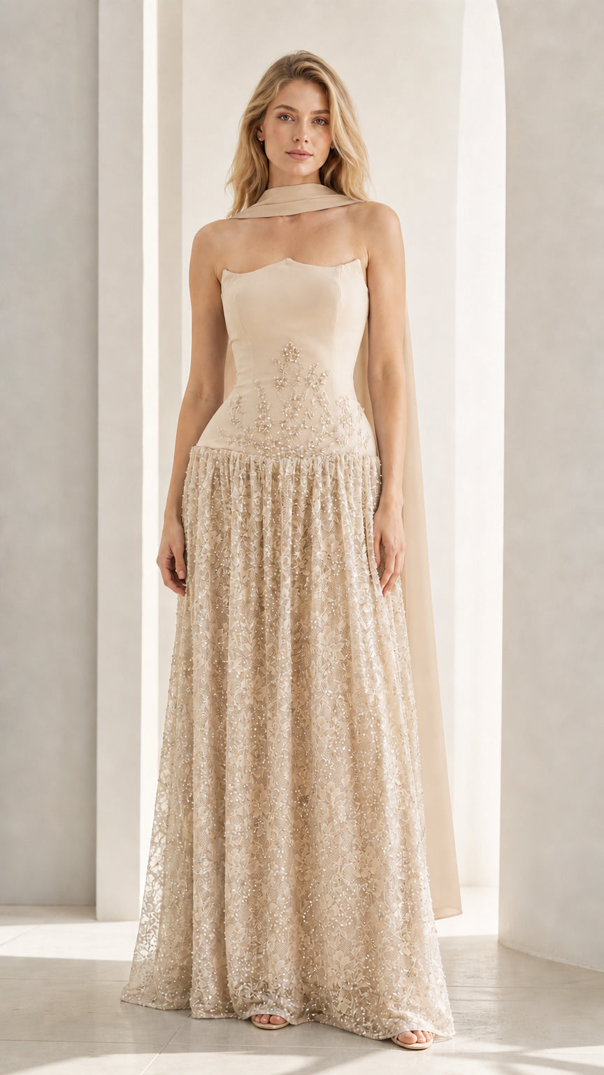 Front view of champagne evening gown variant