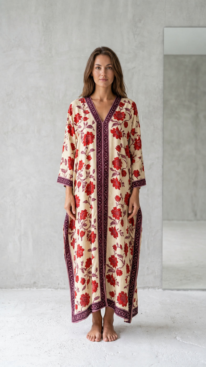 Front view of model wearing cream floral long kaftan maxi dress