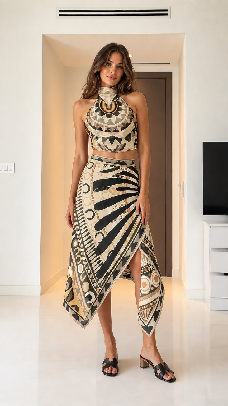 Woman wearing khaki geometric print two-piece set front view