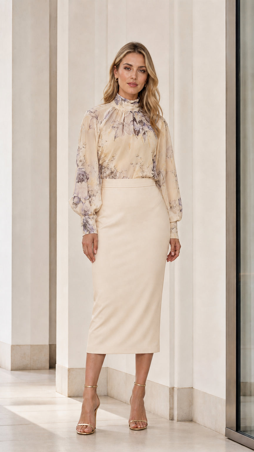 Front view of champagne floral blouse and skirt set