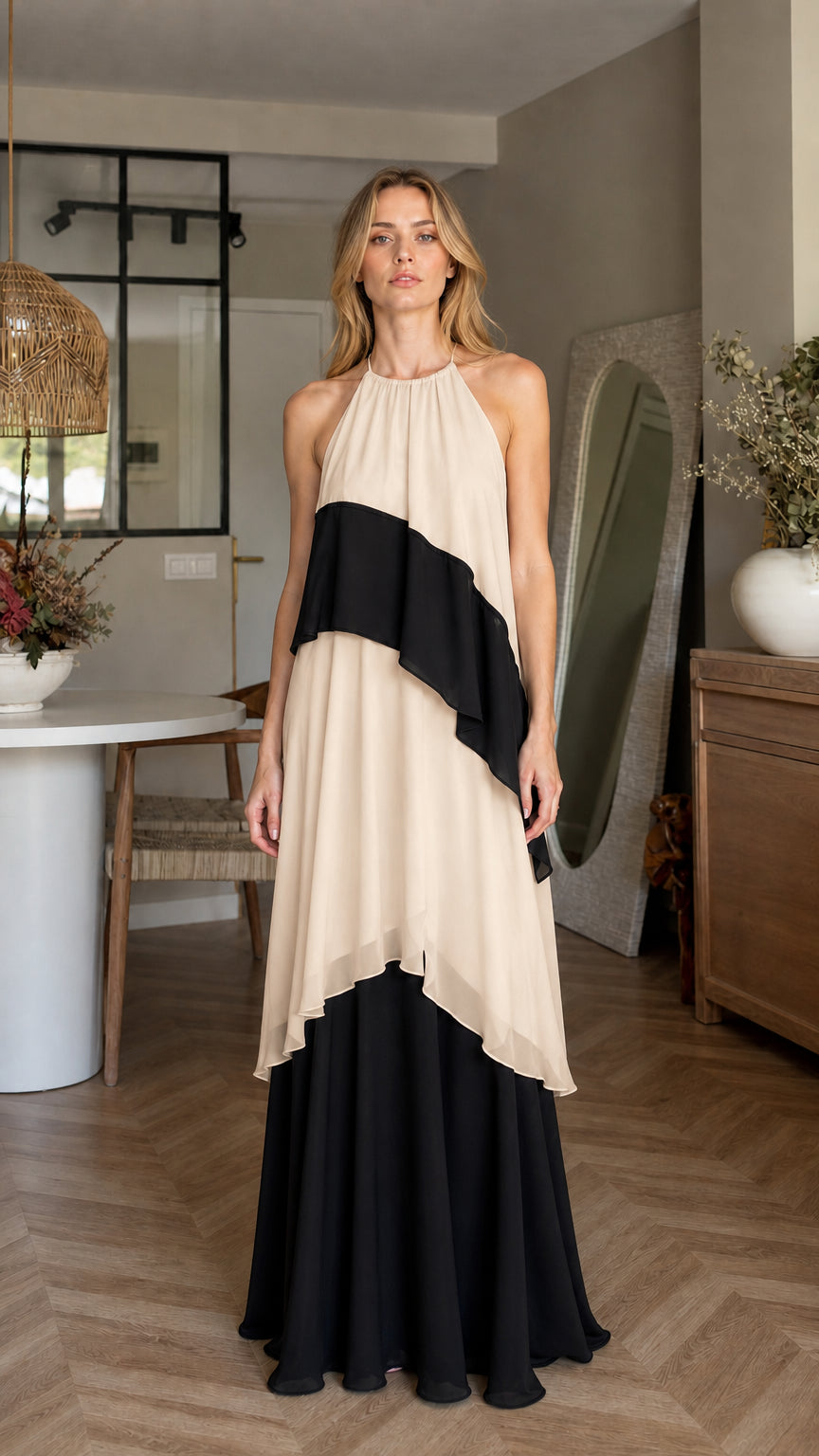 Front view of beige color-block halter maxi dress