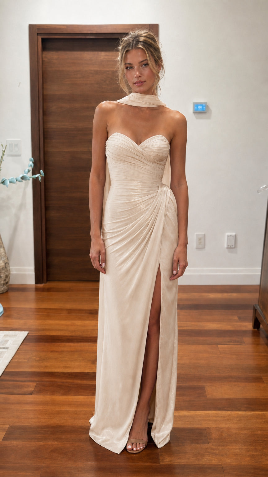 Ivory ruched halter maxi dress with front slit