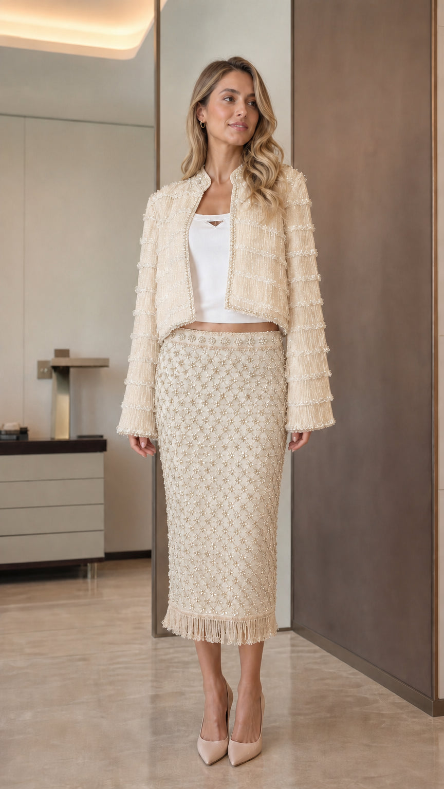 Model wearing beige tweed crop jacket and midi skirt set