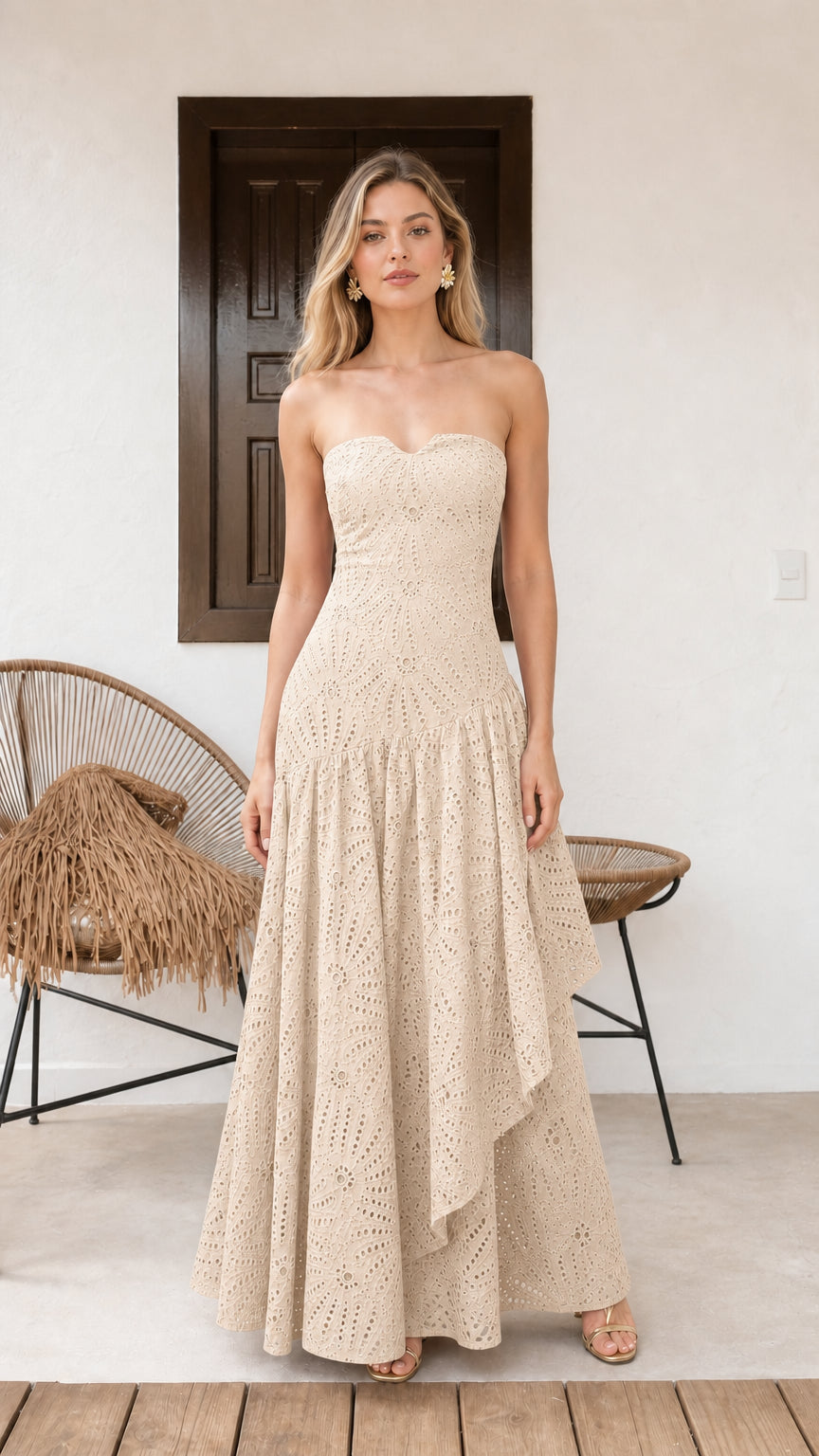 Model wearing beige strapless eyelet maxi dress