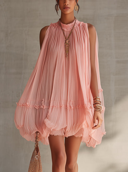 Pink Pleated Chiffon Mini Dress With Ruffled Hem