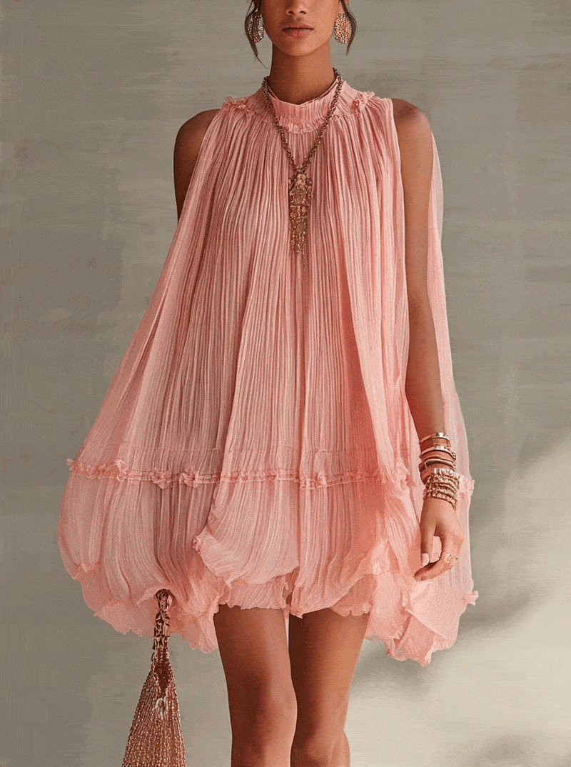 Pink Pleated Chiffon Mini Dress With Ruffled Hem