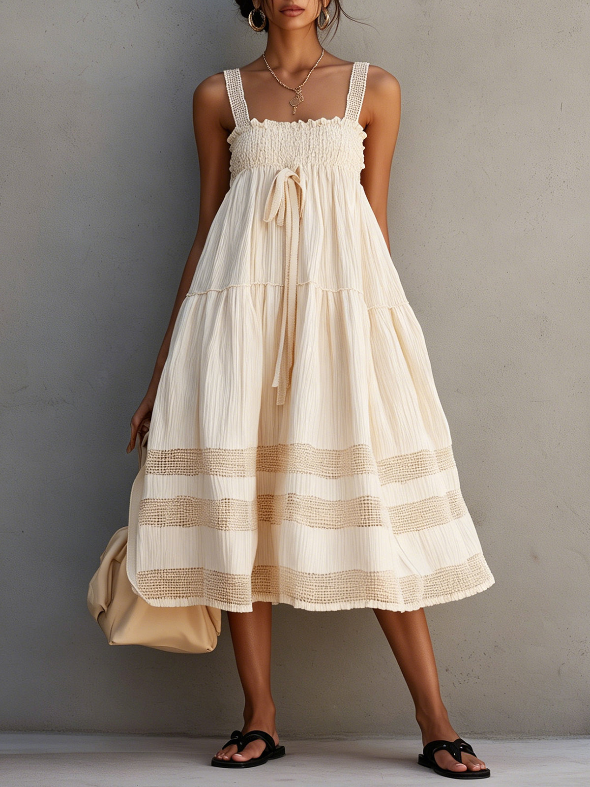 Cream Midi Dress With Crochet Strap