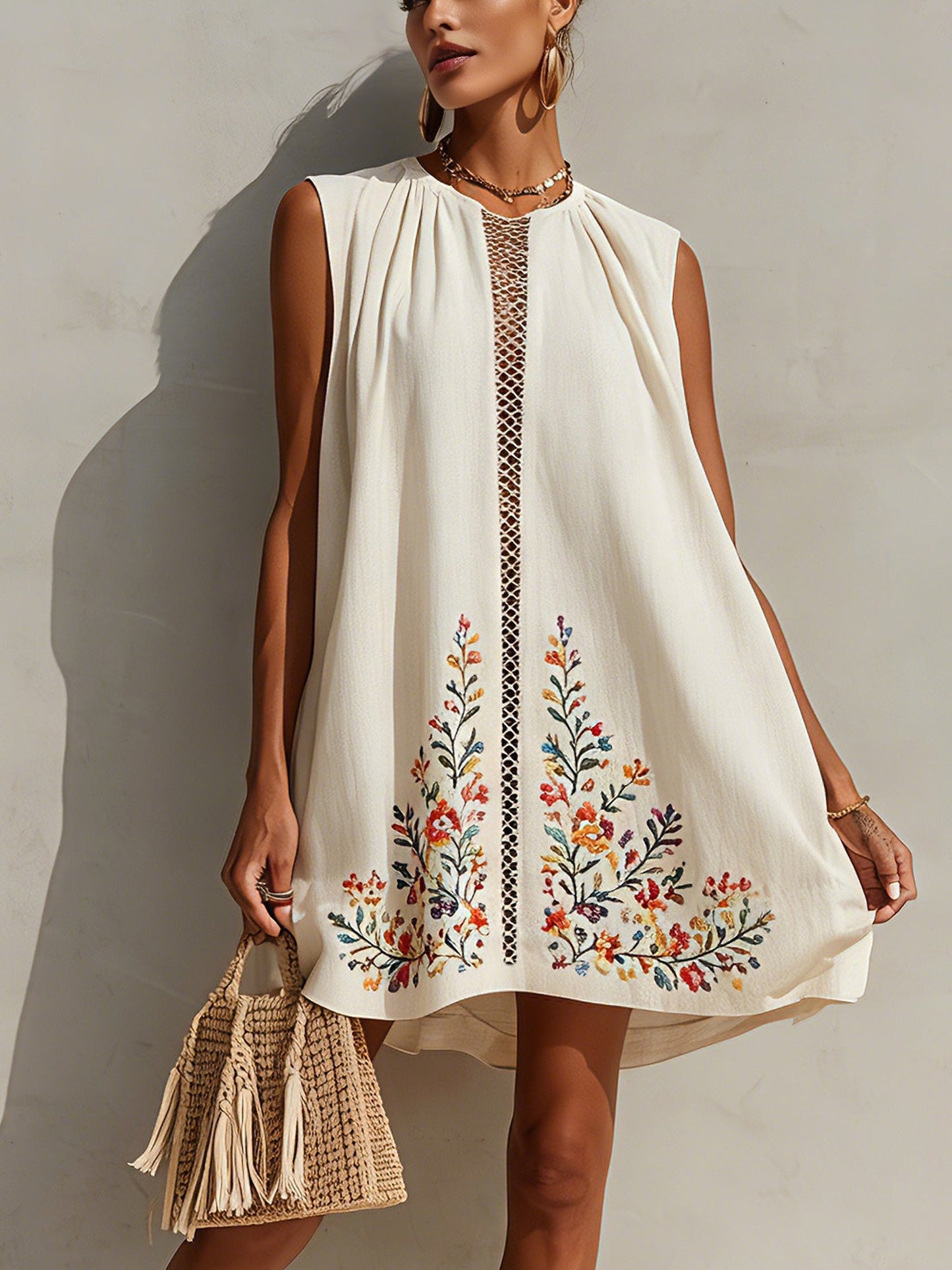Ivory Sleeveless Embroidered Cotton Linen Mini Dress