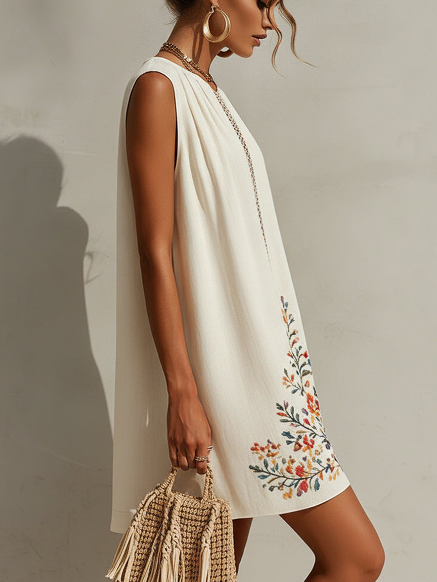 Ivory Sleeveless Embroidered Cotton Linen Mini Dress