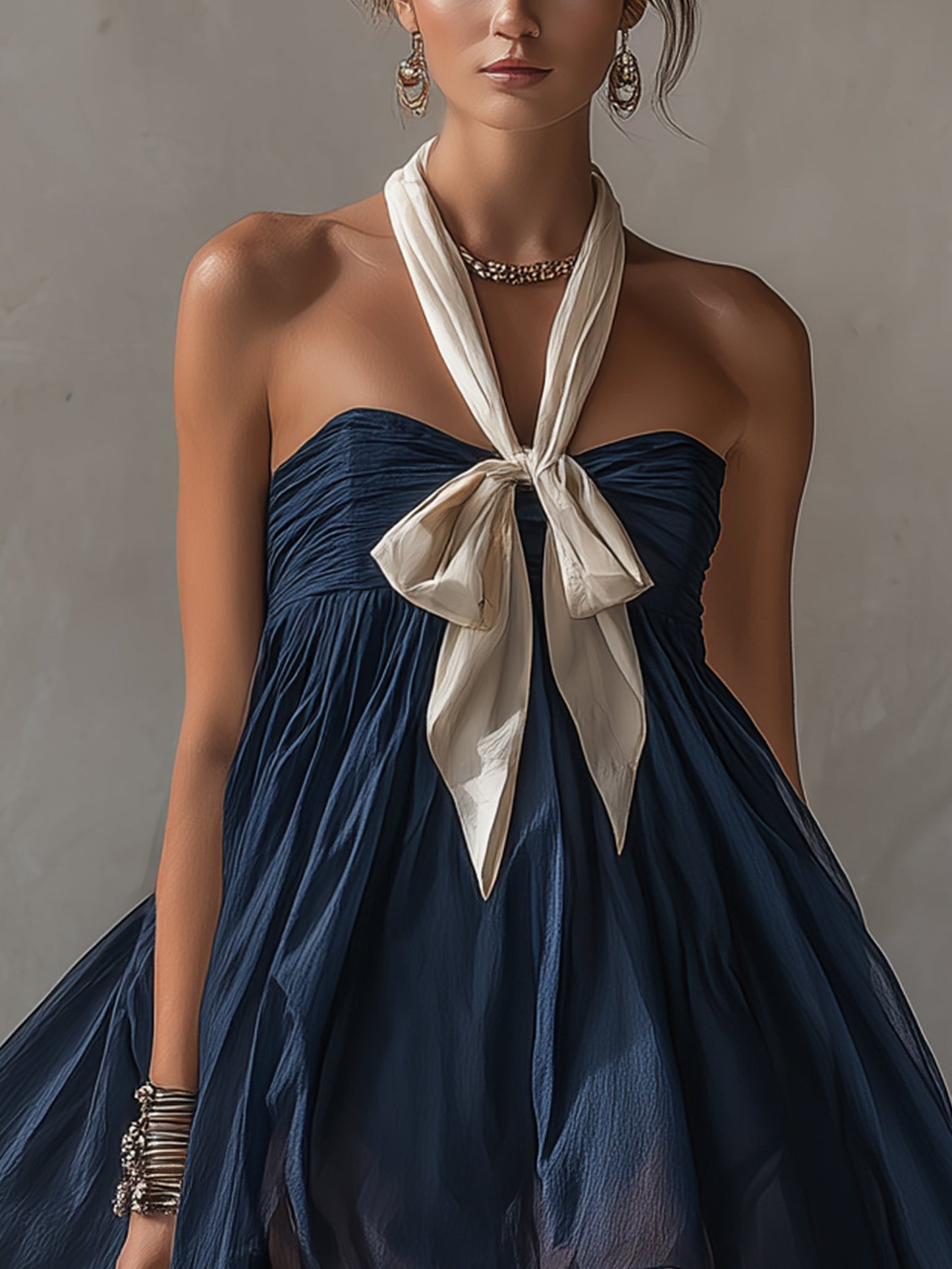 Navy Sheer  Cotton Blend Tie Mini Dress