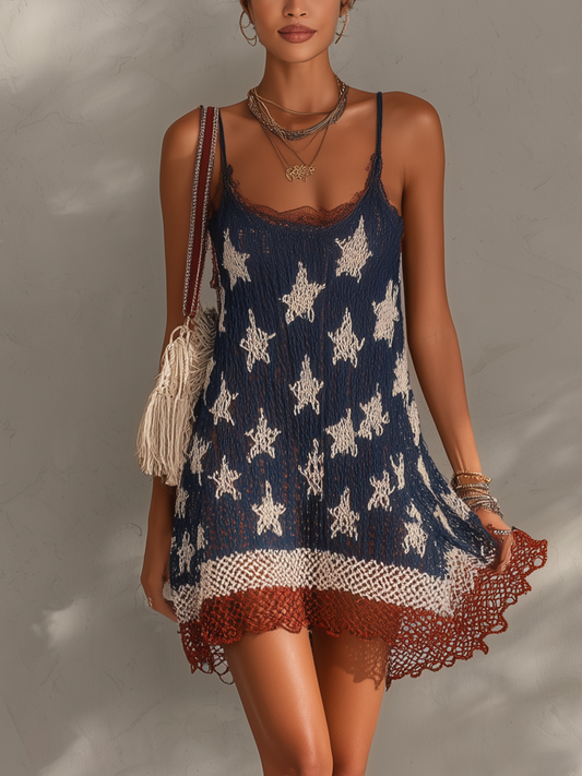 Navy Blue Star Knit Lace Trim Mini Dress