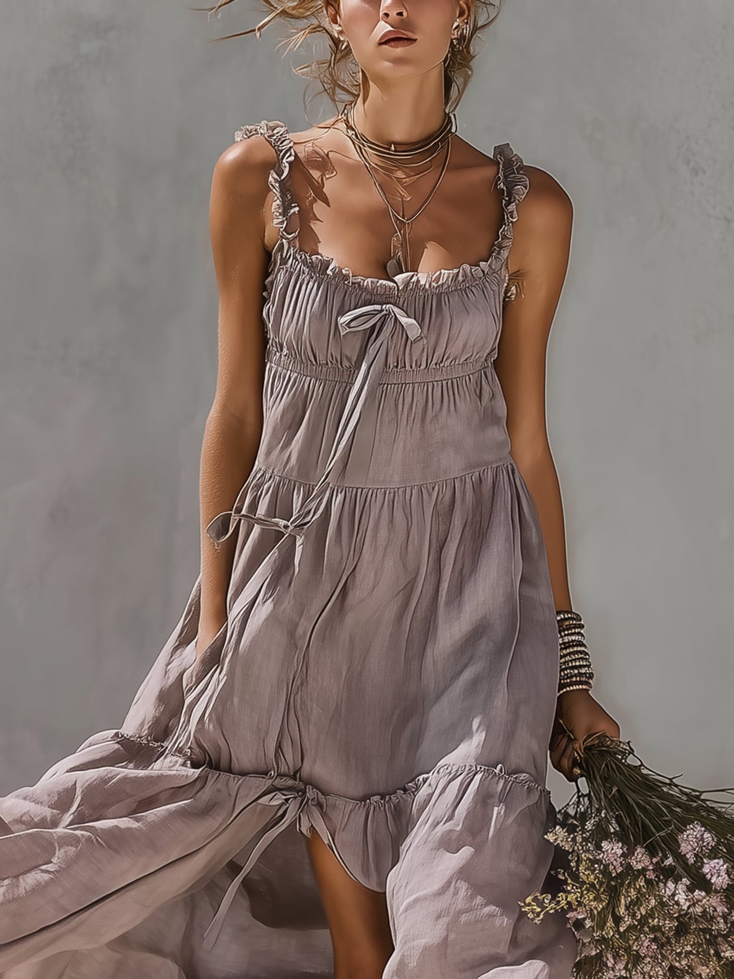 Purple Lace Trimmed Linen Maxi Dress