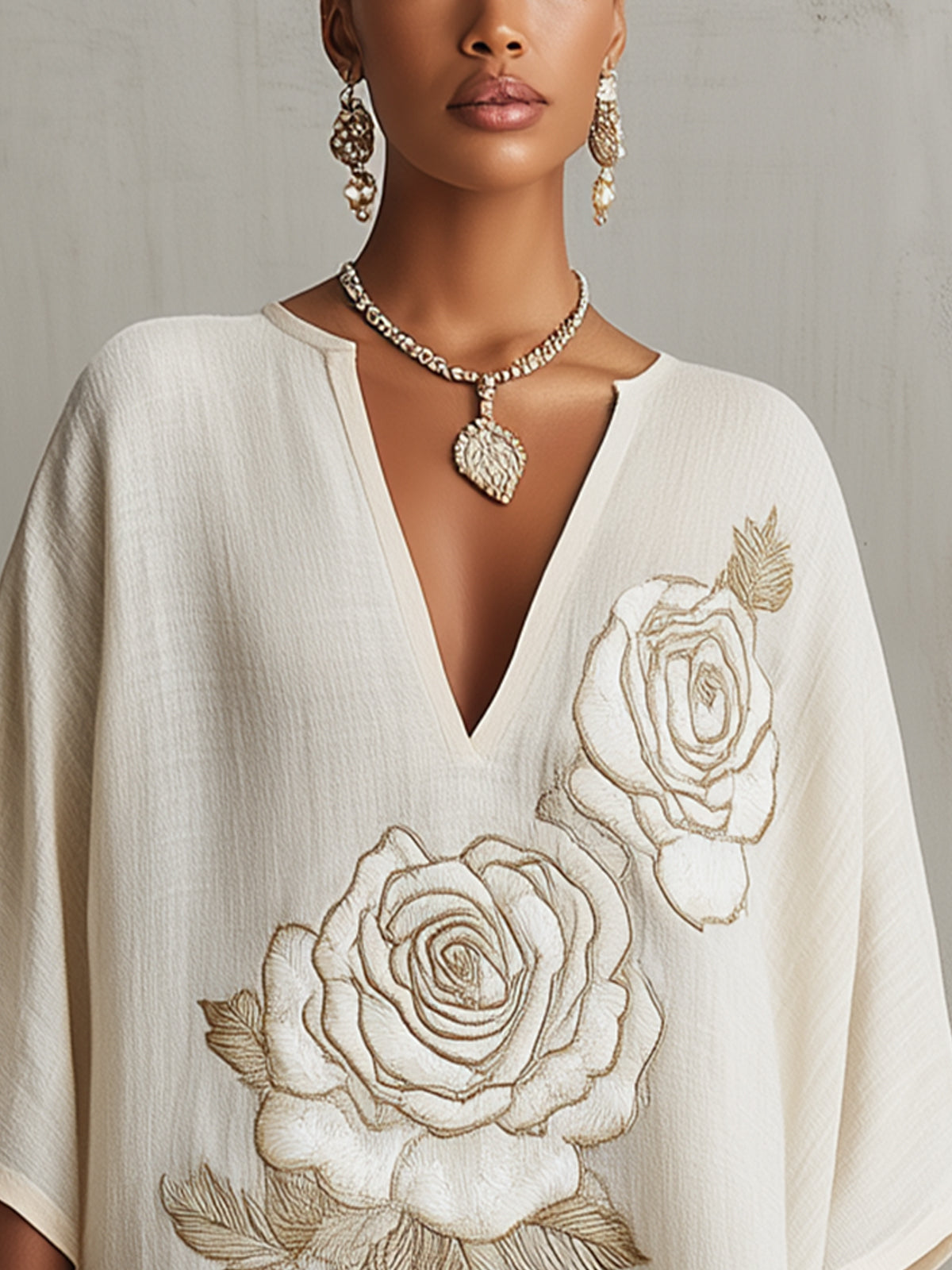 Ivory Mini Dress With Embroidered Floral Detail