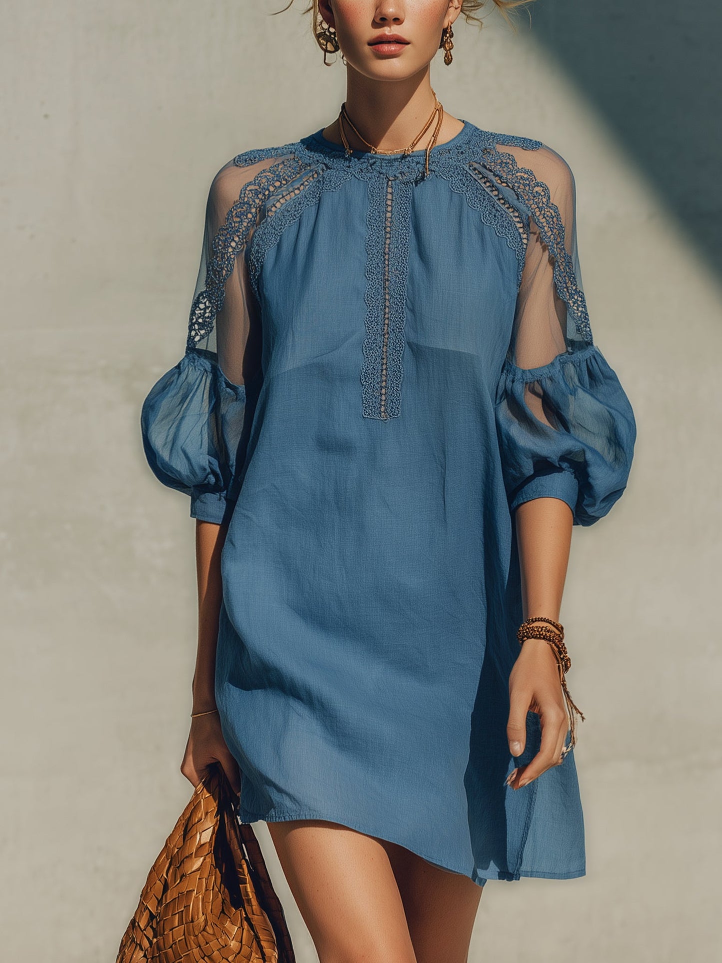 Blue Cotton Linen Lace Trim Mini Dress