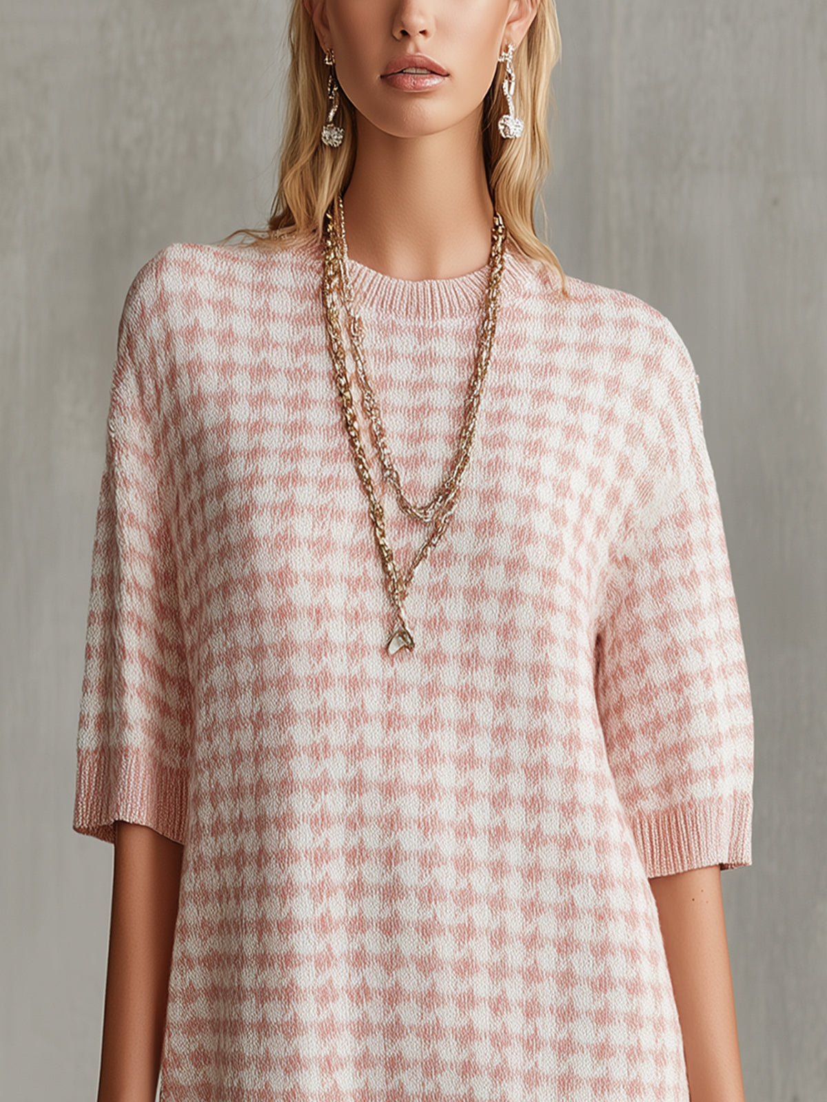 Pink Houndstooth Knit Mini Dress With Half Sleeves