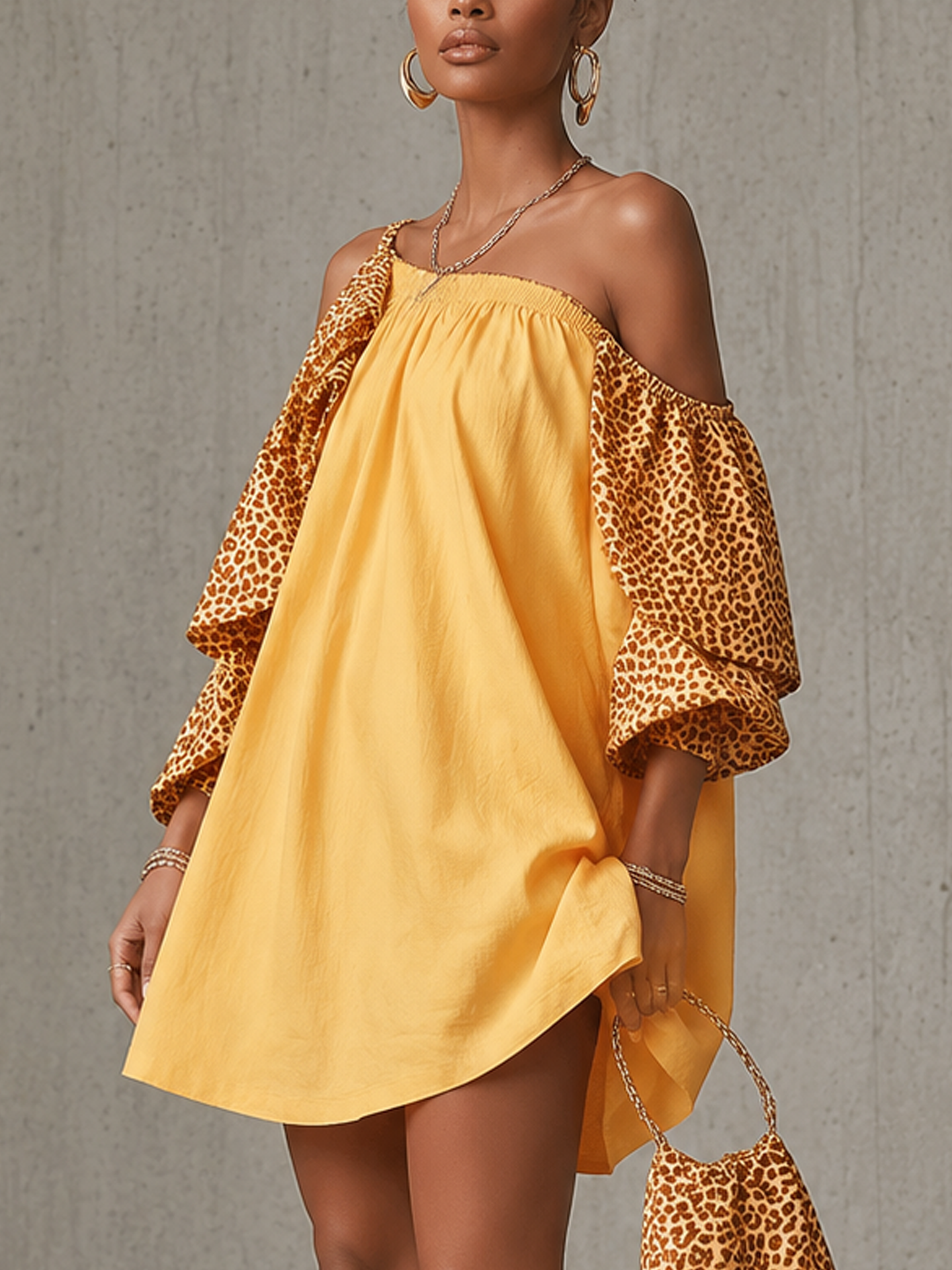Yellow Leopard Print One Shoulder Ruffled Cotton Linen Mini Dress
